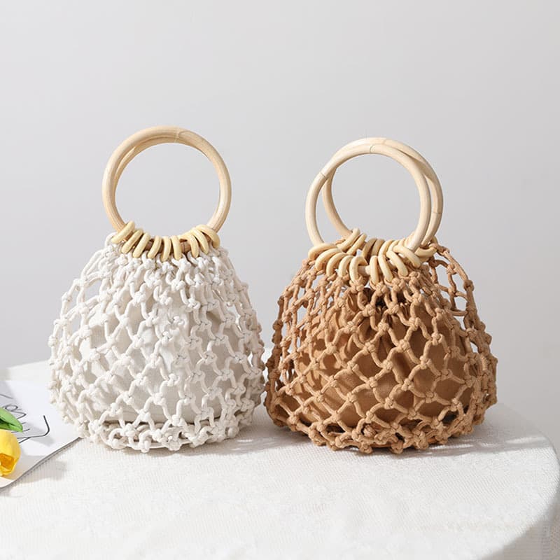 Handwoven Straw Bag Hollow out Design for Beach Vacation City Simple Style Cotton Thread Bucket Shape Soft Polyester Lining