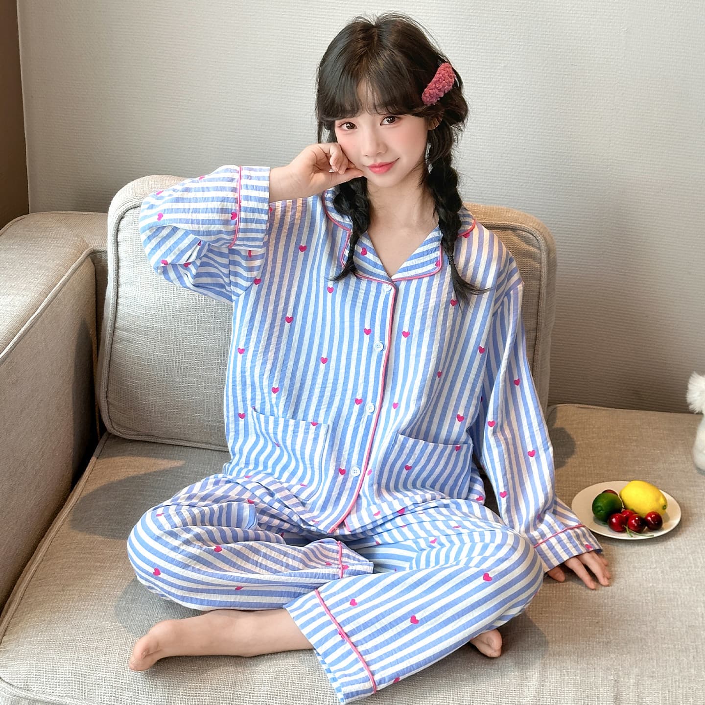Girls' Pajamas Spring Autumn Long Sleeve Long Pants Simple Casual Homewear Wear-Out Set Striped Cardigan Pajamas