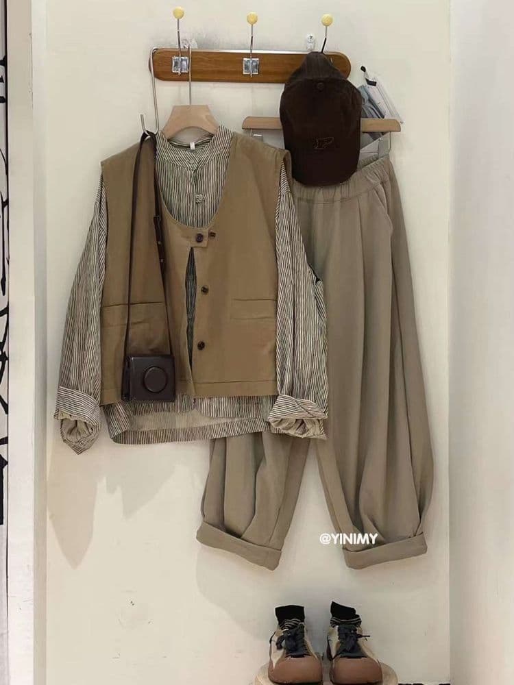 Spring Gentle Style Outfit for Women: New Korean Version Casual Shirt Vest Wide-Leg Pants Three-Piece Set