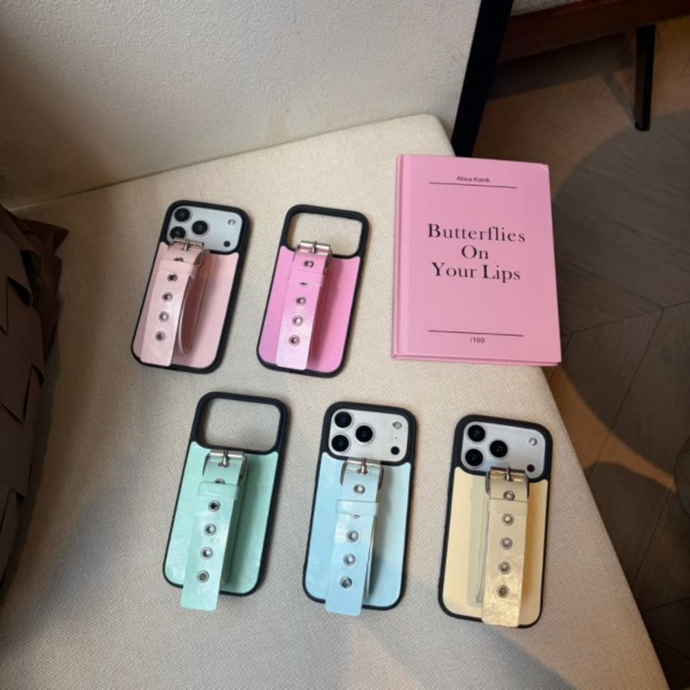 Macaron Leather Hand Strap Phone Case for Apple 17/16 Pro Solid Color Case iPhone 15/14P