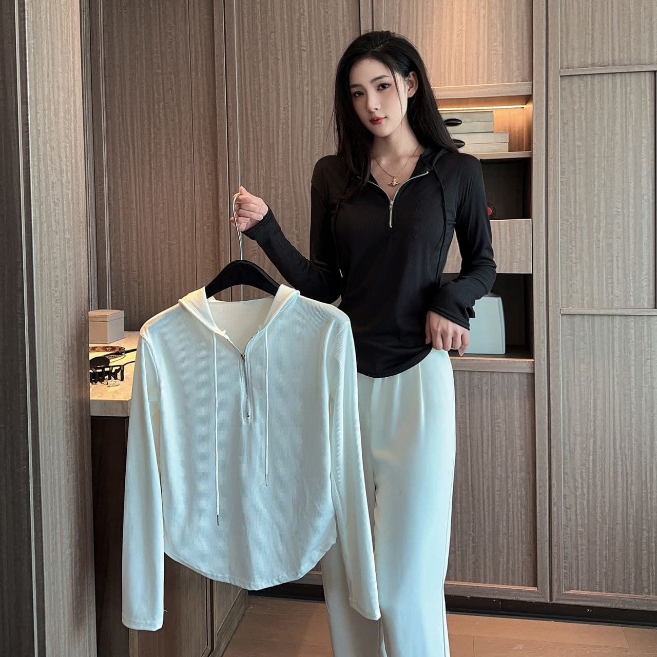 Half-zip hooded sweatshirt spring and autumn new design niche short tops for small people with flesh-covering bottoming shirts