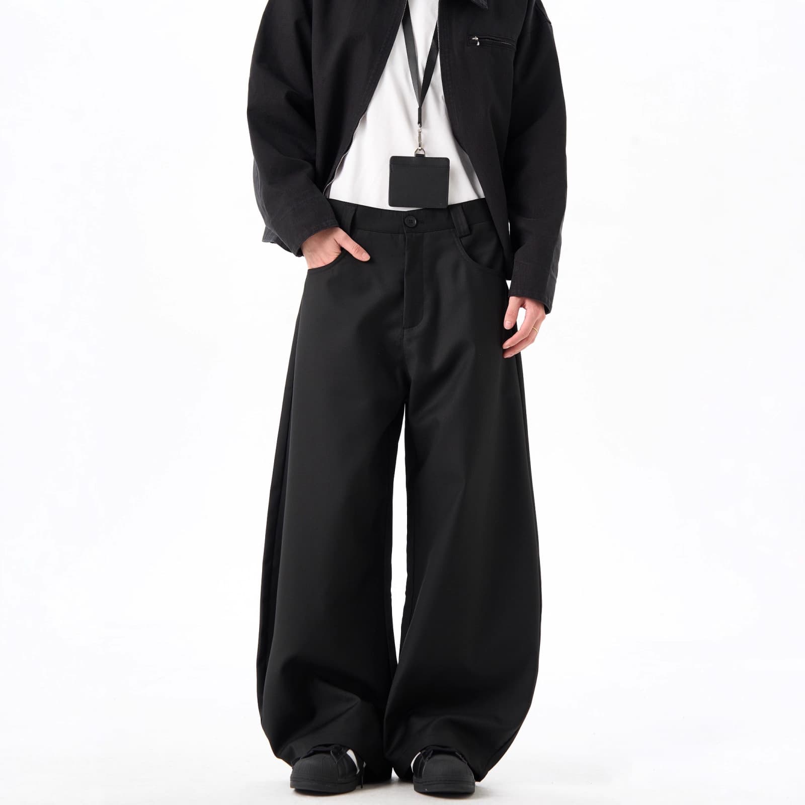 American retro black curved trousers for spring and autumn, unisex, trendy, draped, casual, wide-leg, loose-fitting dress pants.