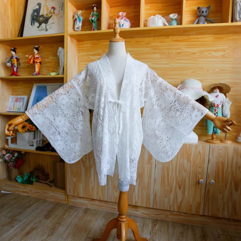 Japanese Haori Lace Hollow Out Sun Protection Coat Mid-Length Kimono Cardigan Outerwear