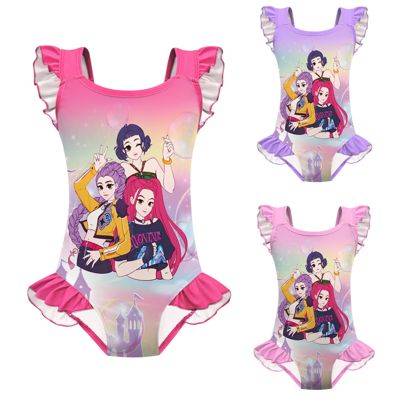 New children's swimsuit cosplay witcher group print girls one-piece lace swimsuit set 20718