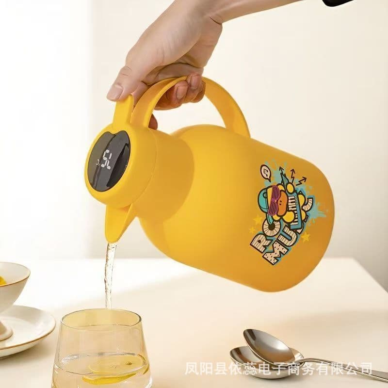 Portable thermos flask for home, office, and car use; small thermos bottle with glass liner; insulated pot; cartoon teapot.