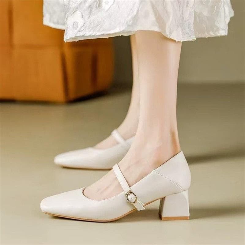 Summer Temperament Chunky Heel Leather Shoes for Women 2025 New French Style Single Shoes Gentle Square Toe Mary Jane Shoes to Match Dresses