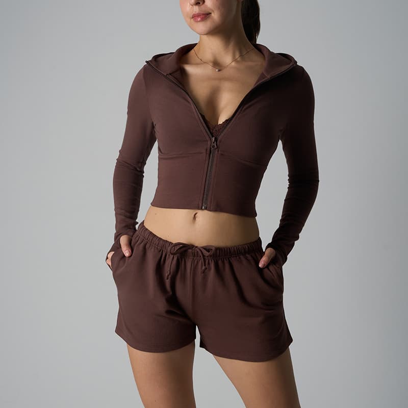 American Ins Style Tight Short Zip-Up Hoodie Set Women's Drawstring Pocket Short Home Fitness Two-Piece Set