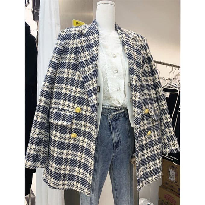 Xiaoxiangfeng tweed suit jacket autumn and winter cotton thickening women's Korean style long-sleeved single-breasted temperament top
