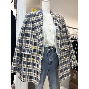 Chanel-style Tweed Blazer Jacket for Autumn/Winter, Cotton-padded and Thickened, Korean Version, Long Sleeve, Single-breasted, Elegant Top