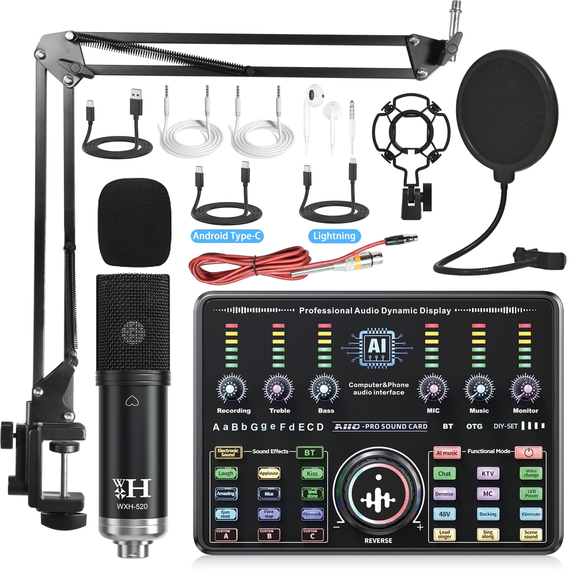 Middle East Temu English Apple Phone 48V Live Sound Card Private Model Phone Computer Sound Card Live Streaming BM800 Full Set
