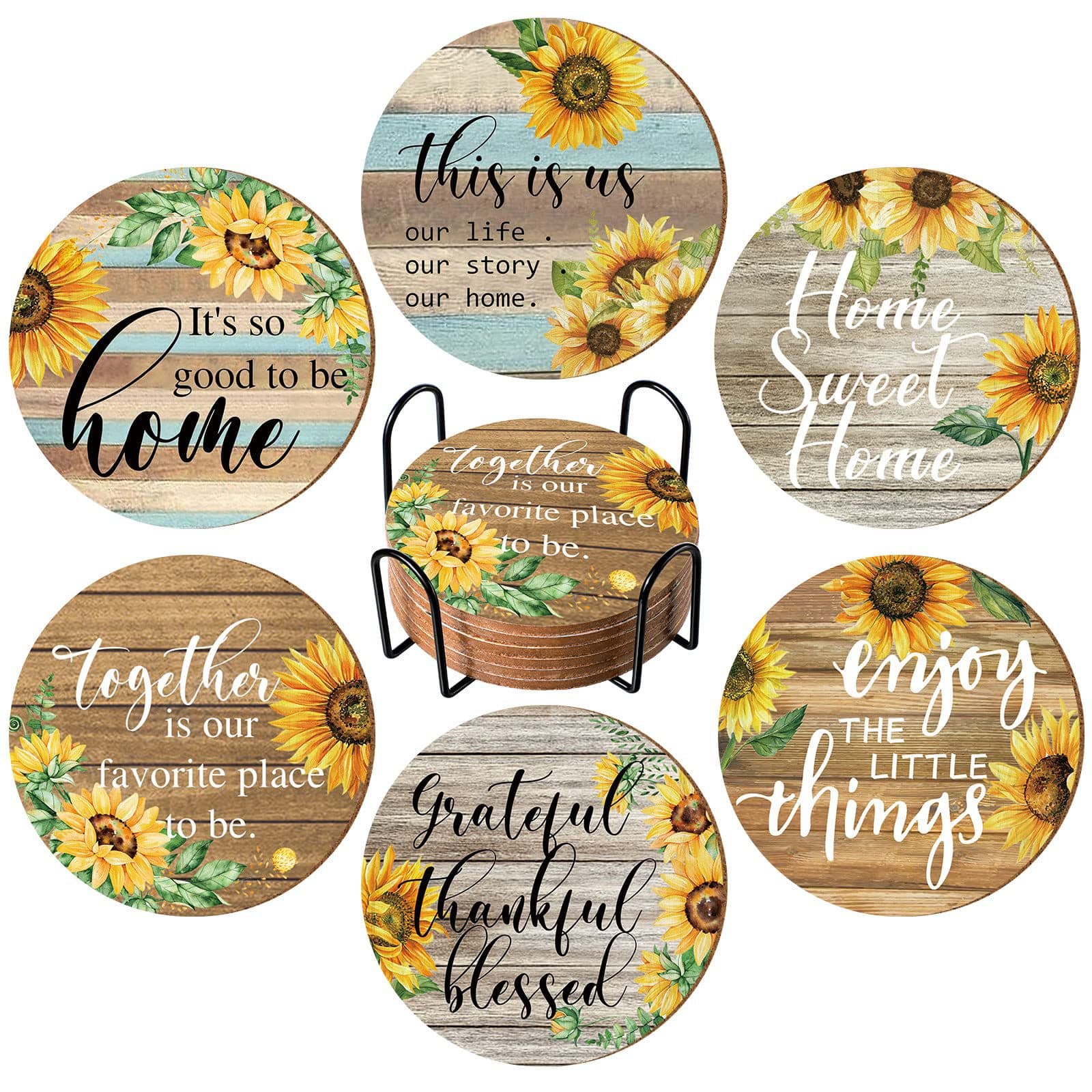 Cross-border Hot Selling Wooden 6-Piece Coaster Set with Storage Rack, Heat Insulation Sunflower Mandala Cup Coasters, Factory Wholesale