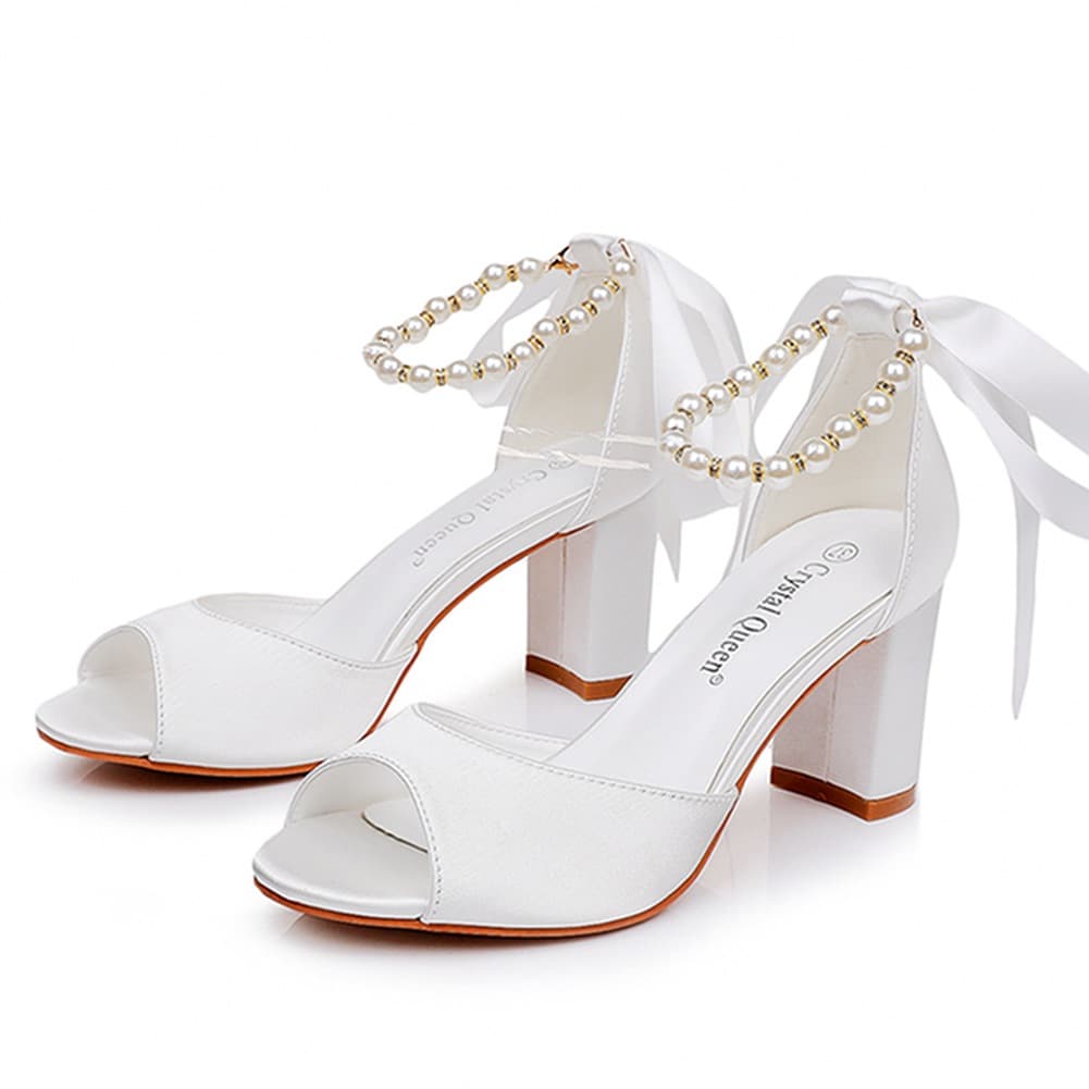 7cm Pointed-Toe High Heel Sandals with Buckle Strap, Large Size Beaded Ribbon Sandals, Bridal Satin Chunky Heel Sandals