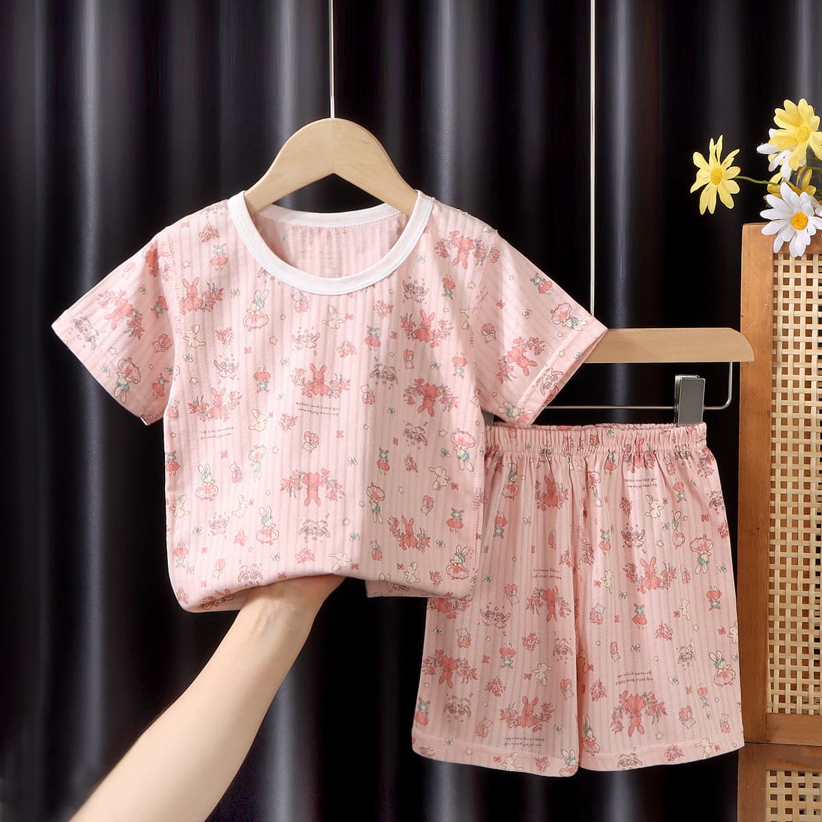 Kids Summer Short-Sleeve Thin Air-Conditioning Outfit Baby Two-Piece Set Jacquard Sweat-Wicking Fabric Boys Girls Shorts Home Sleepwear