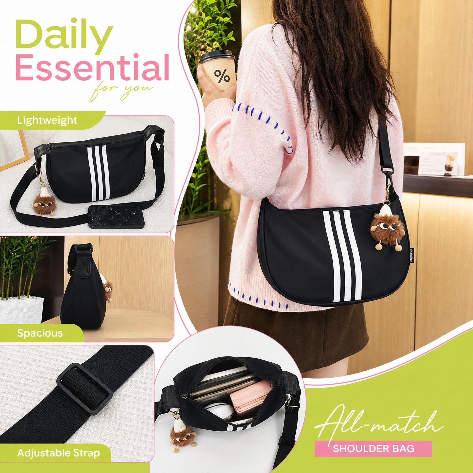 Winter Fashion Vertical Stripe Cool Women's Bag Trendy Daily Solid Color Shoulder Crossbody Bag Versatile Casual Pendant Handbag