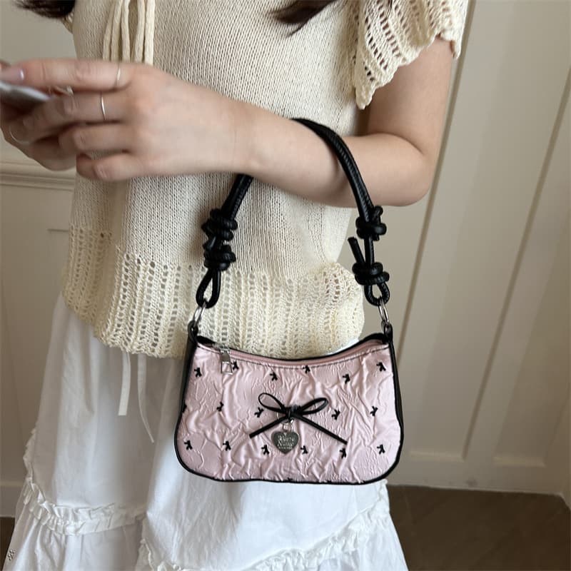Korean Seersucker Single-Shoulder Crossbody Bag, Bestseller, High-Quality Bow Underarm Bag, Sweet Color-Block Commuter Bag