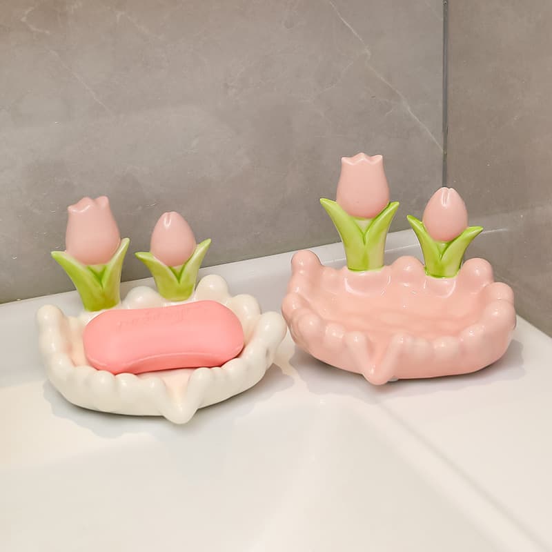 Household ceramic soap box tulip storage ornaments bathroom decoration anti-water accumulation drain soap box white porcelain