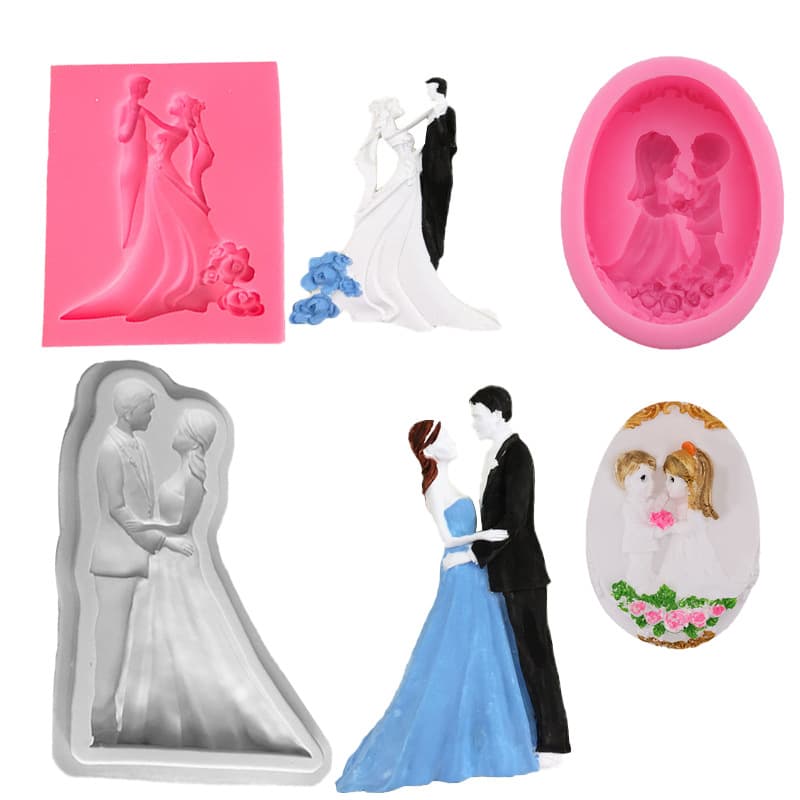 Bride and Groom Silicone Mold Set for Fondant Chocolate Cake Resin Plaster Decor, Small and Large Size