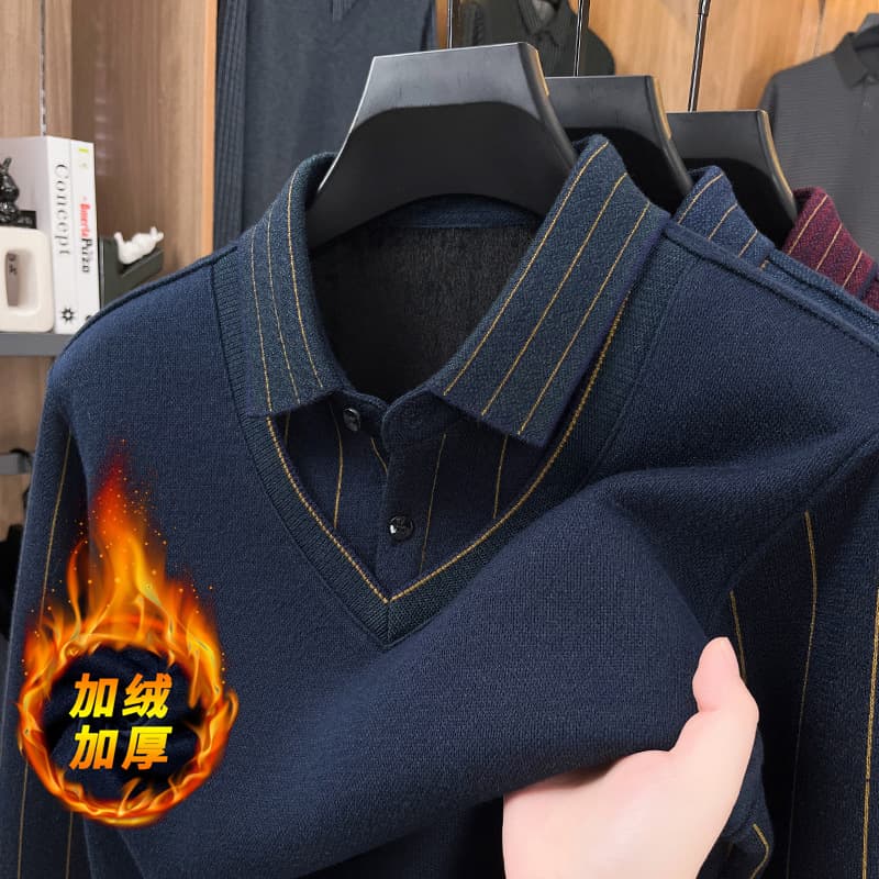 Men's Winter Fleece-Lined Thickened Sweater, Middle-Aged Dad's Casual Turn-Down Collar, Two-Layer Thermal Base Layer