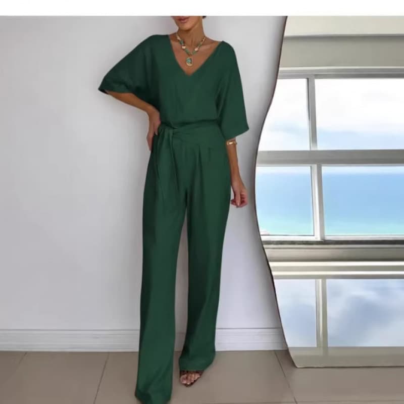 2026 European and American Style Cross-border Women's Independent Station Spring/Summer Solid Color V-Neck Casual Mid-Long Sleeve Belted Jumpsuit Pants