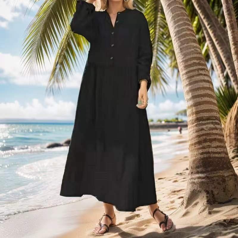 In-stock plus-size women's loose long dress with stand collar, button front, long sleeves, solid color, and flared skirt