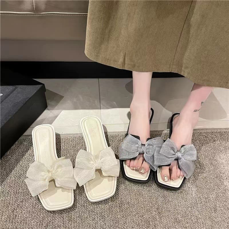 Women's Summer Fashion Flat Sandals with Bow, Anti-Slip, Versatile, Fairy Style, One-Strap Beach Sandals