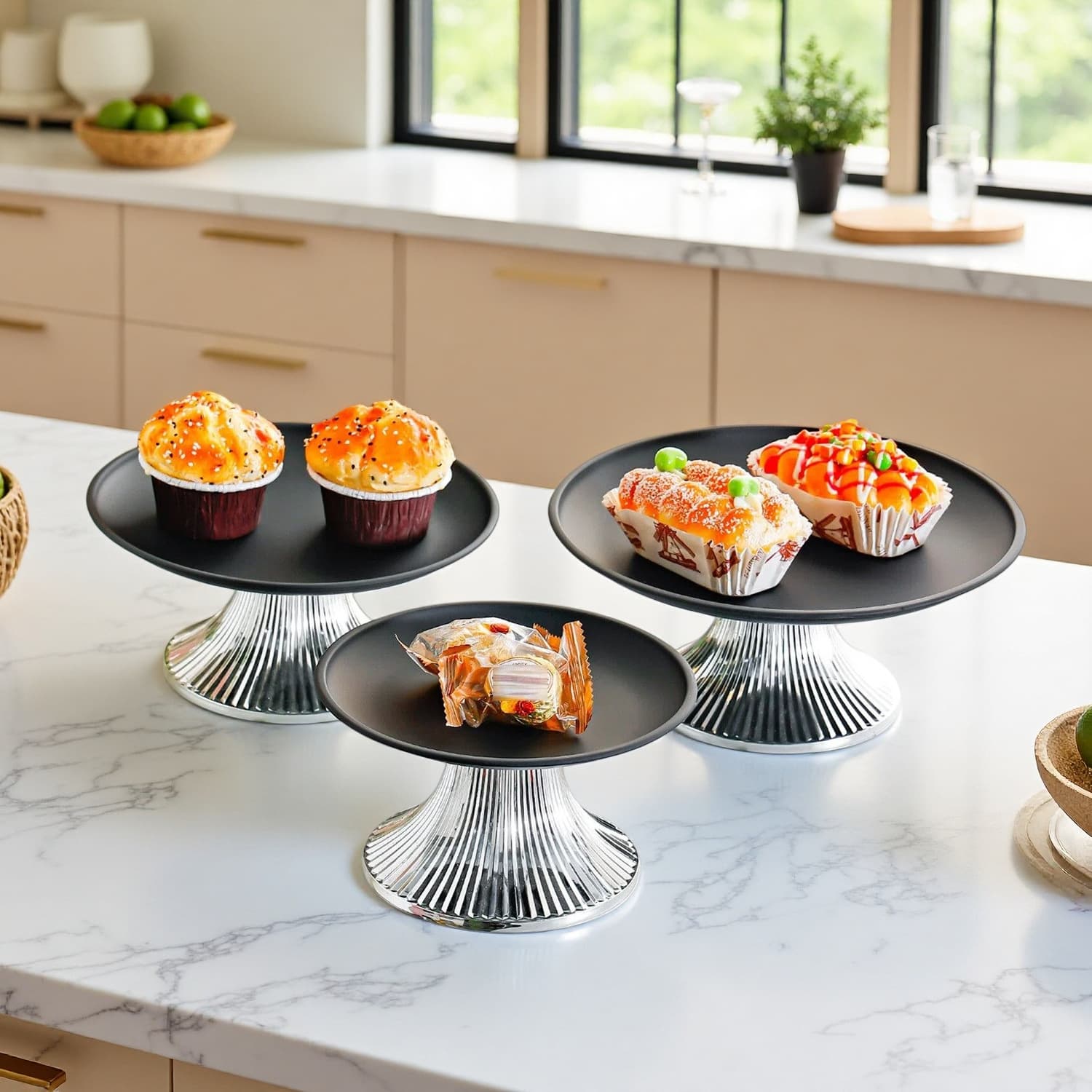 Ins Style Tall Stainless Steel Tray, French Round Cake Pudding Plate, Home Snack Candy Fruit Dessert Tray