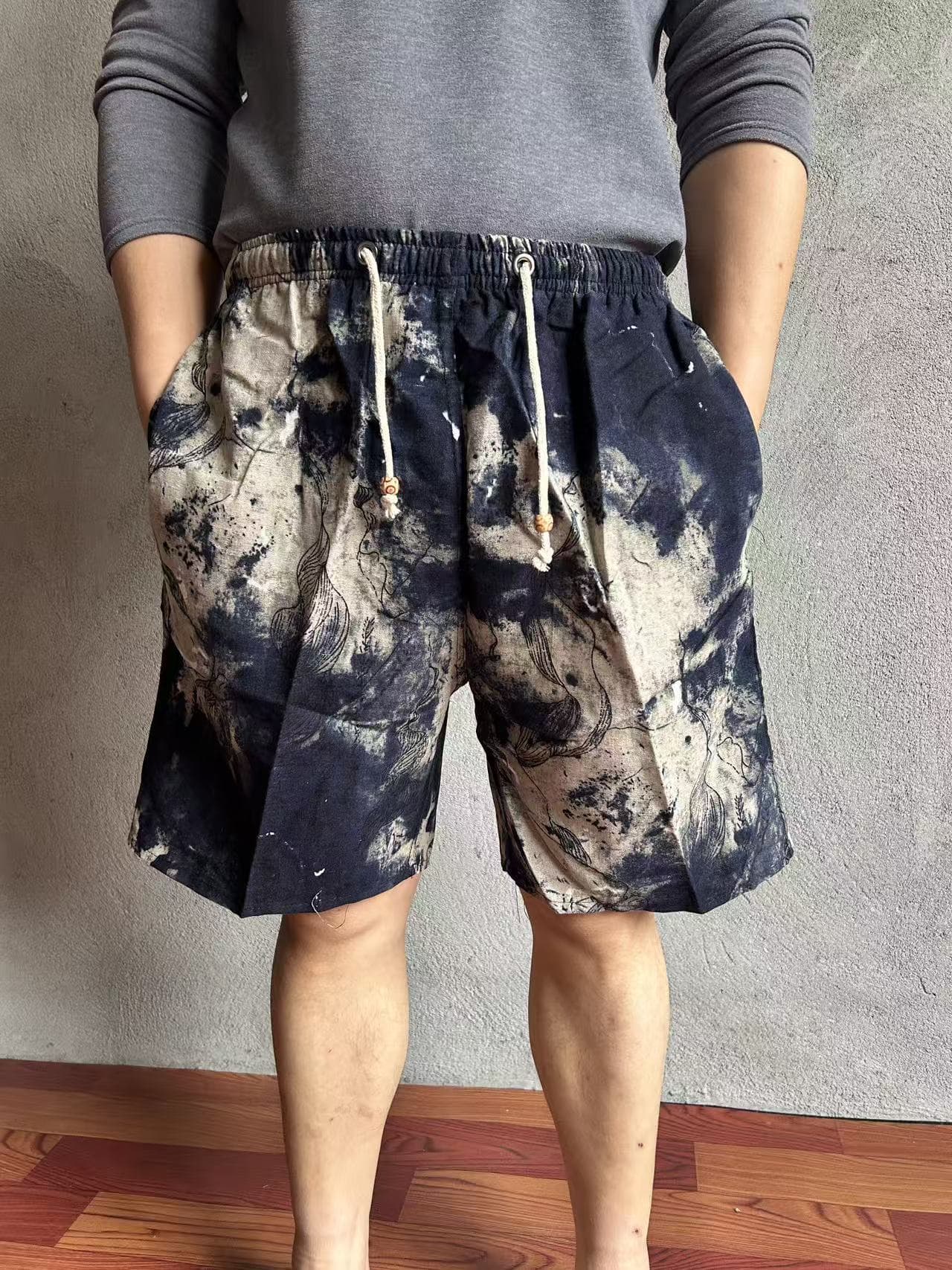 Exotic Retro Chinese Trend Casual Shorts for Men Cotton Linen Floral Print Beach Shorts Home Wear Driftwear Outdoor Five-Point Shorts