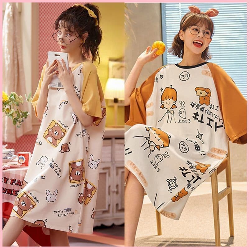 Summer Korean-style Short Sleeve Nightgown for Women, Mid-Length Fashionable Sleepwear, Plus Size, Casual and Wearable as Loungewear