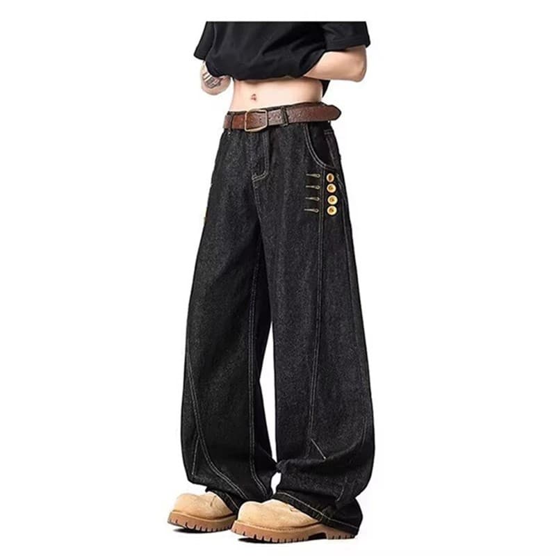2026 American Retro Jeans Boys Semi-Elastic Breasted Scimitar Pants Casual Versatile Loose Wide Leg Floor-Mopping Pants