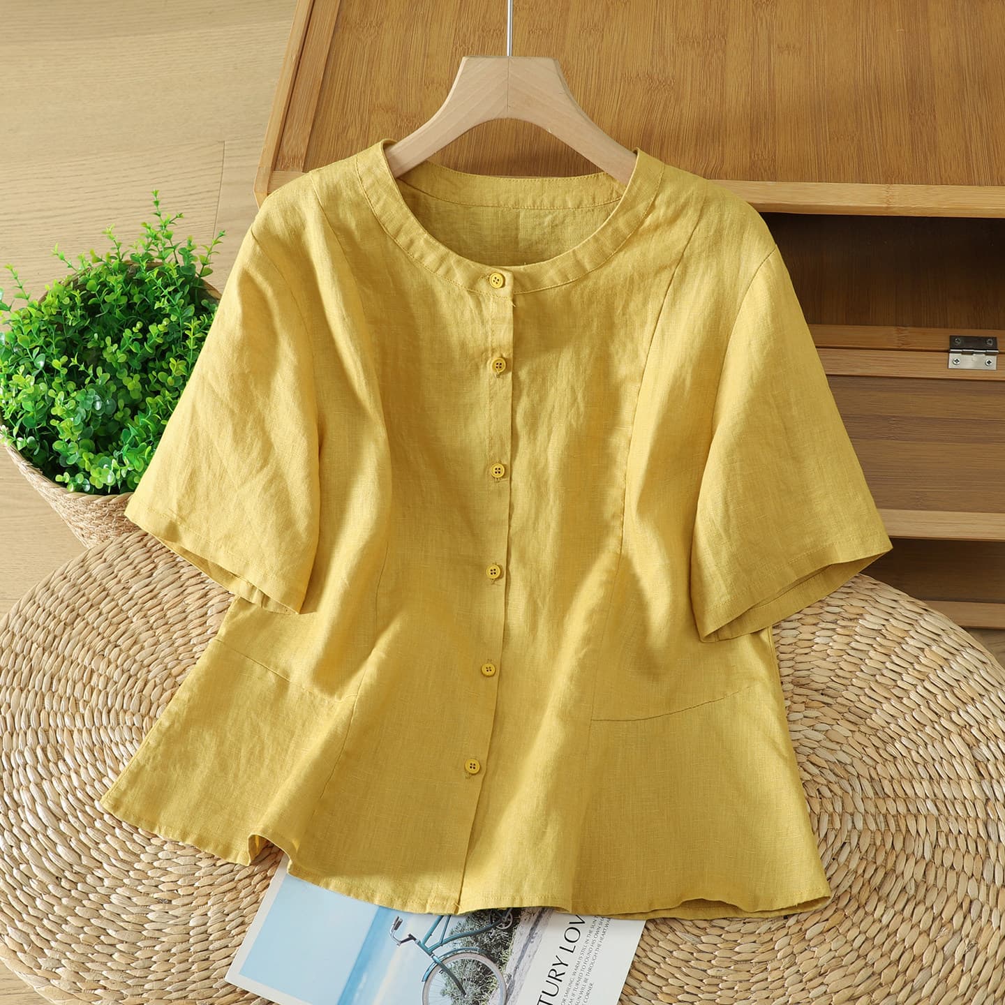 2026 New Summer Yellow Short Sleeve Shirt Women's Round Neck Loose Fashion Versatile Linen Top A12863