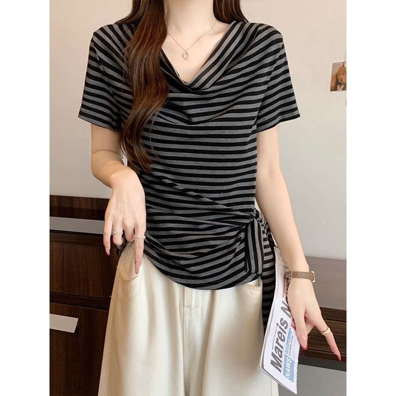 Striped Draped Neck Short Sleeve T-Shirt Top Women Summer New Fashion Casual Slim Tie Waist Cropped Top