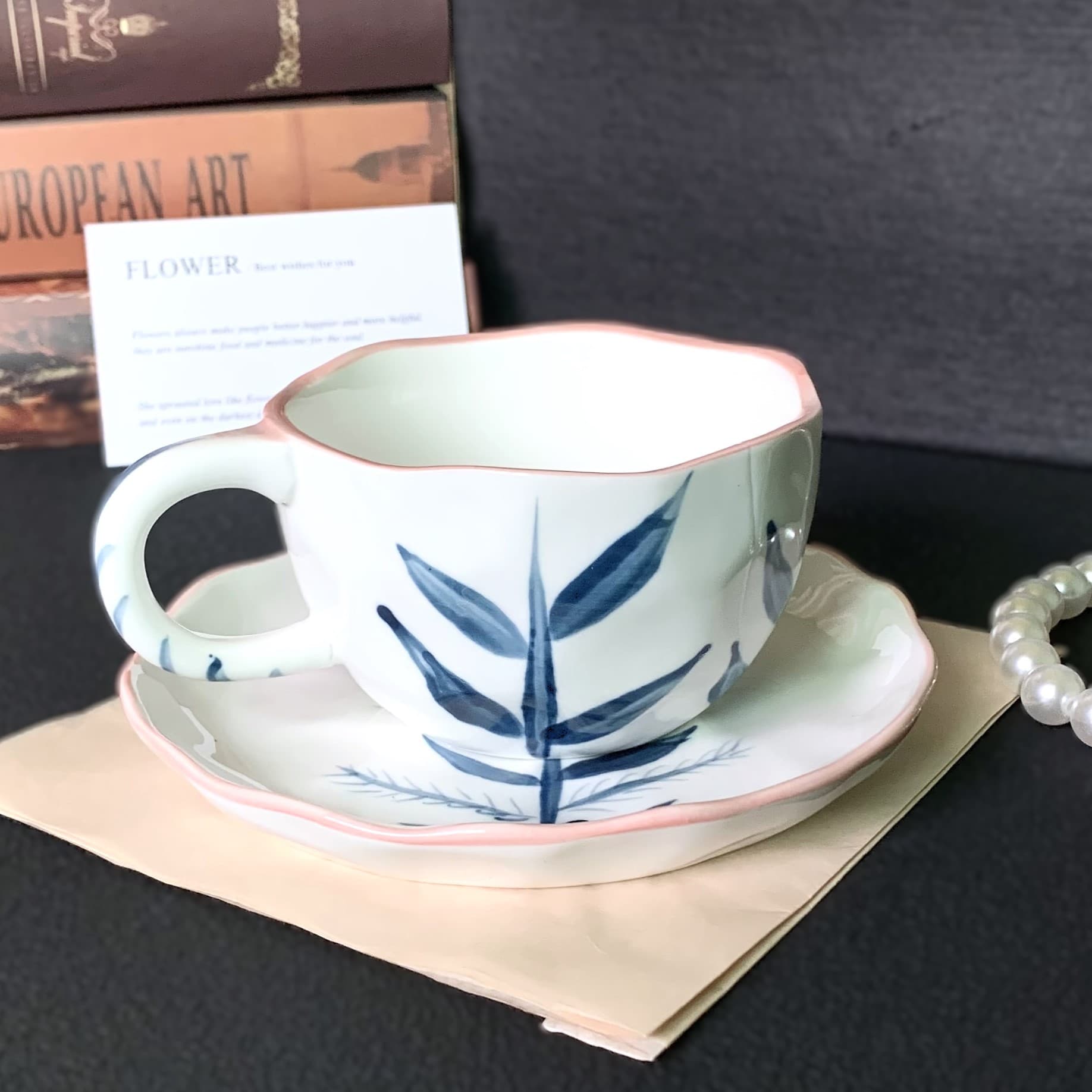 Cross-border Korean style ins style ceramic coffee cup and saucer set afternoon tea cup blue pattern hand-painted cup and saucer
