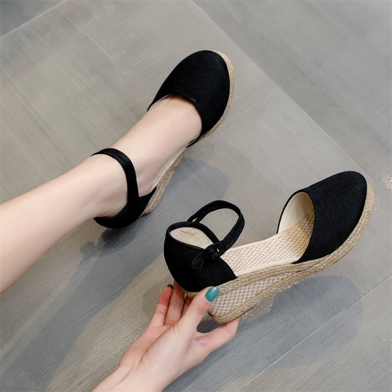 Summer Wedge Sandals for Women, Versatile and Breathable Linen Sandals with One-Strap Buckle, High Heel Sandals for Travel and Export
