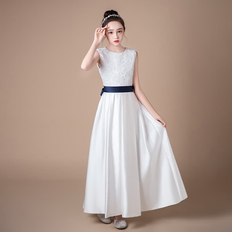 Girls White Satin Dress for Piano Performance, Host, and Orchestra Choir Gown