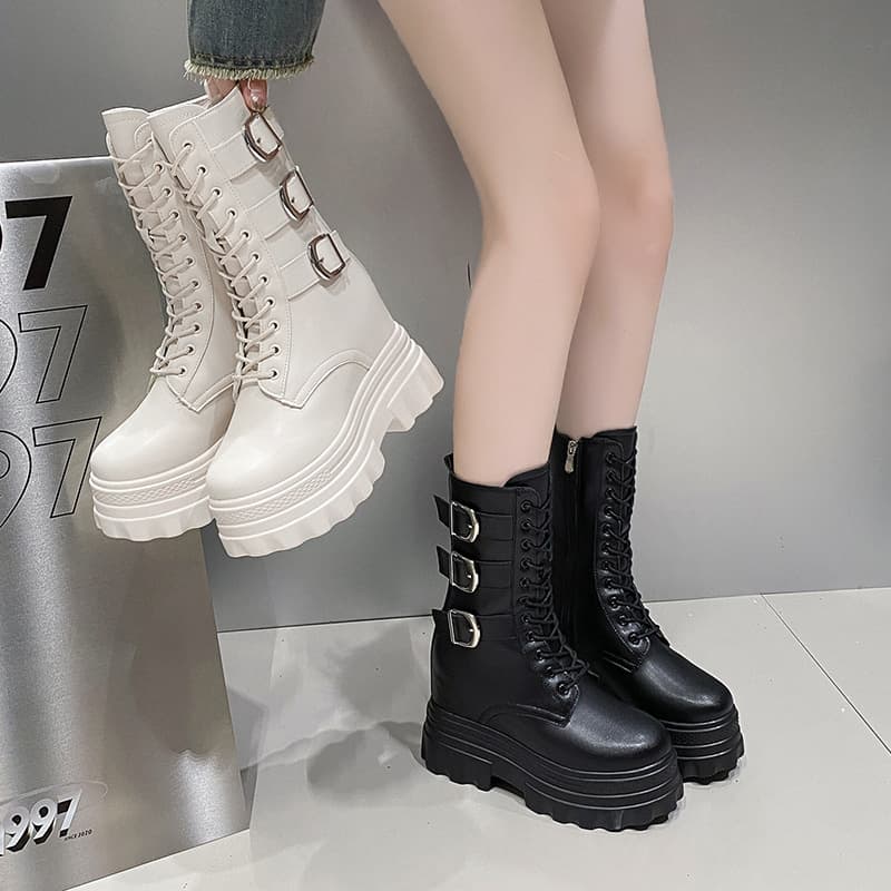 Women's Martin Boots Short Boots British Style 2023 New Spring Autumn Single Boots Thick Sole Height-Increasing Mid-Calf Boots Women's Motorcycle Boots