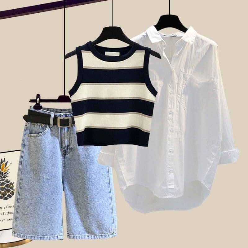 Plus Size Women's Summer Suit, New Sun Protection Shirt, Slimming Striped Vest, Denim Shorts, Three-Piece Set