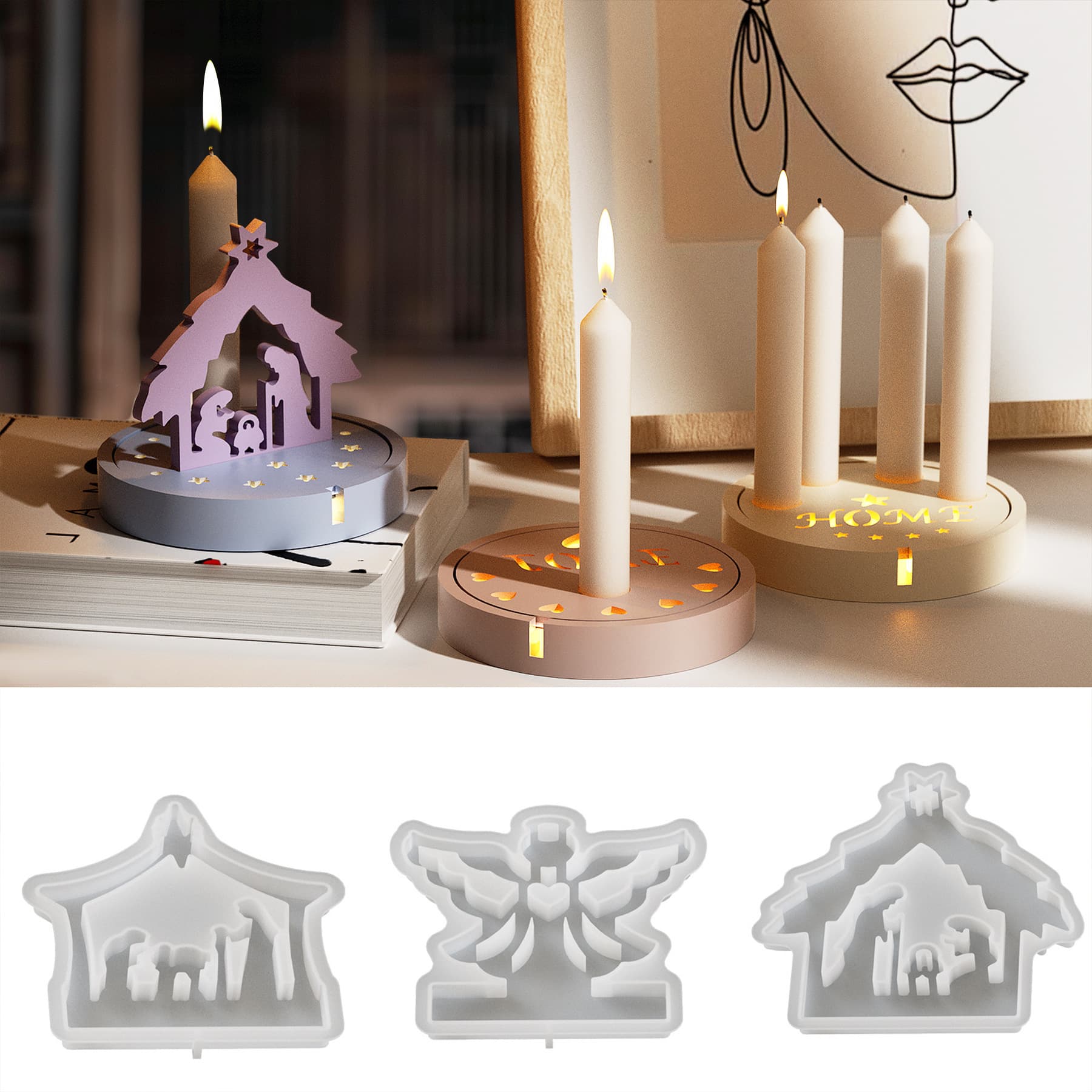 Round Night Light Candle Holder Silicone Mold Angel Jesus Combination Insert Aromatherapy Candle Stand Decoration Silicone Mold