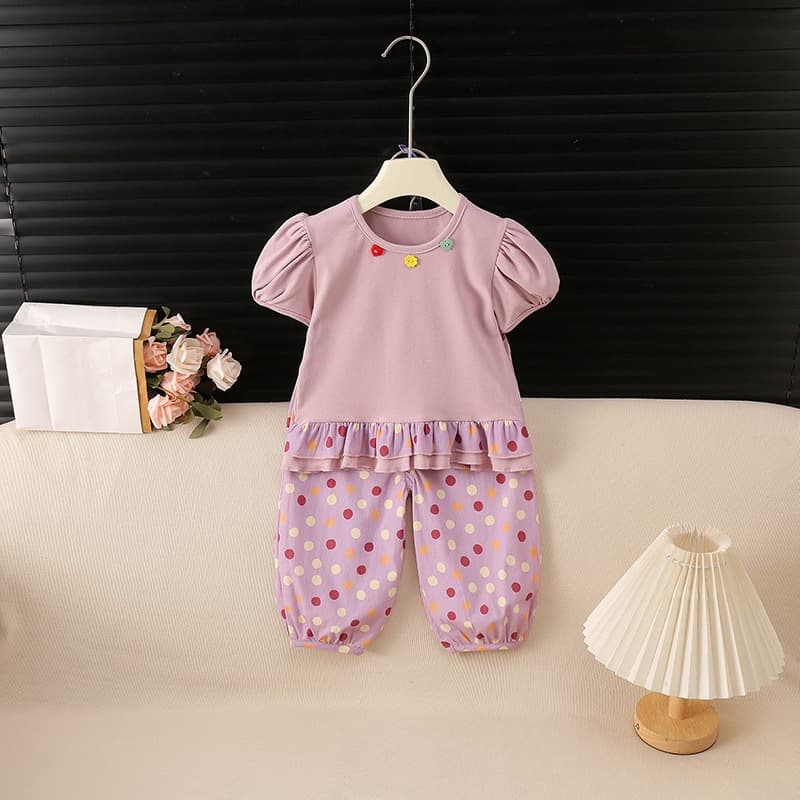 Baby girl's new summer short-sleeved suit for girls, sweet and cute, soft purple lace polka dot bloomers two-piece set