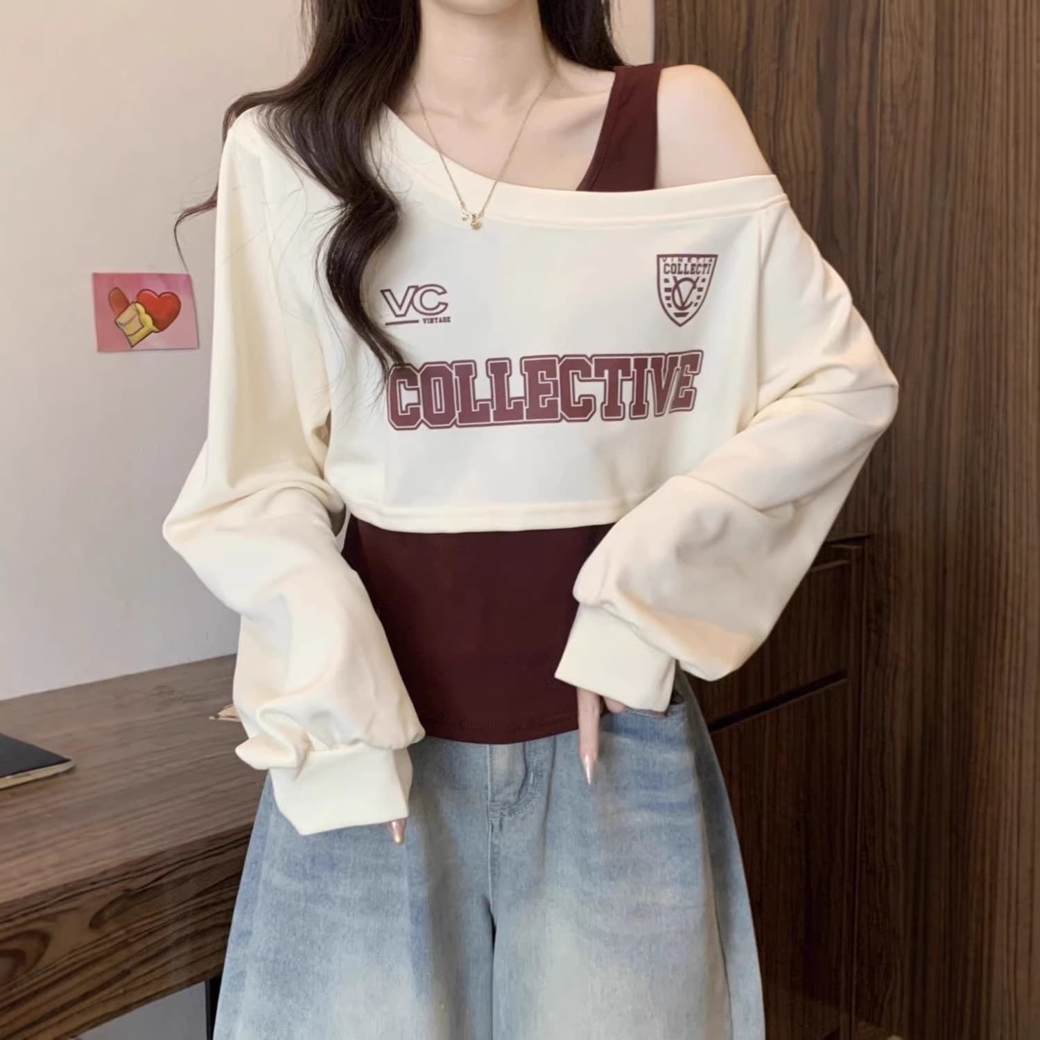 New Short Asymmetric Long-Sleeve Top Set for Women 2026 Fall Streetwear Crop Top with Off-Shoulder Design