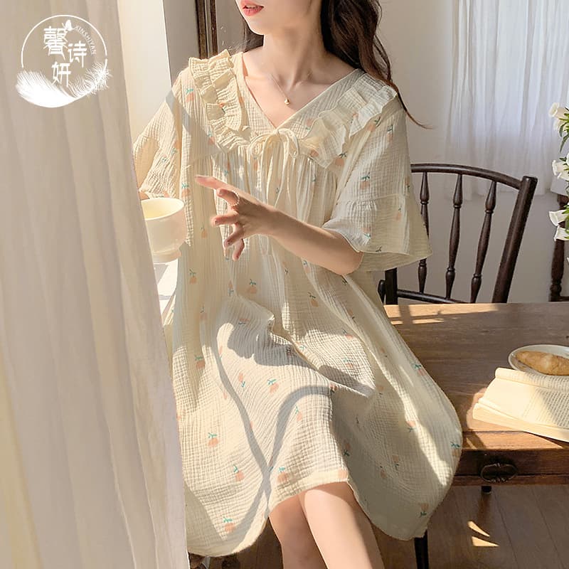 Women's Summer Sleep Dress with Built-in Bra, Short Sleeve, Pure Cotton Gauze, Double-Layer Cotton Gauze, Soft Cotton, Nightgown, Homewear
