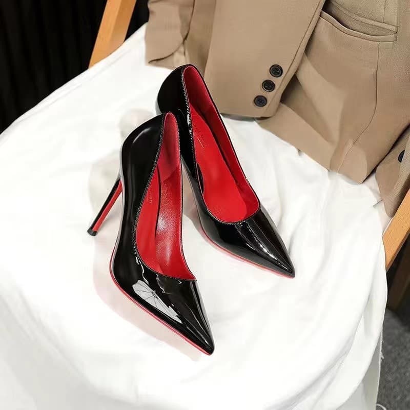 High Heel Bedroom Stiletto Shoes for Women, 2025 Spring/Autumn New Arrival, Black with Red Sole, 10cm, Large Size, Pointed Toe Single Shoes