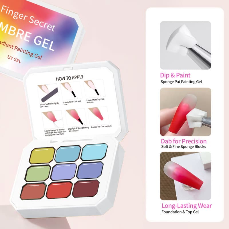 New cross-border manicure gradient smudged high saturation painted print nine-square grid concealer pat glue no-wash 9-square grid