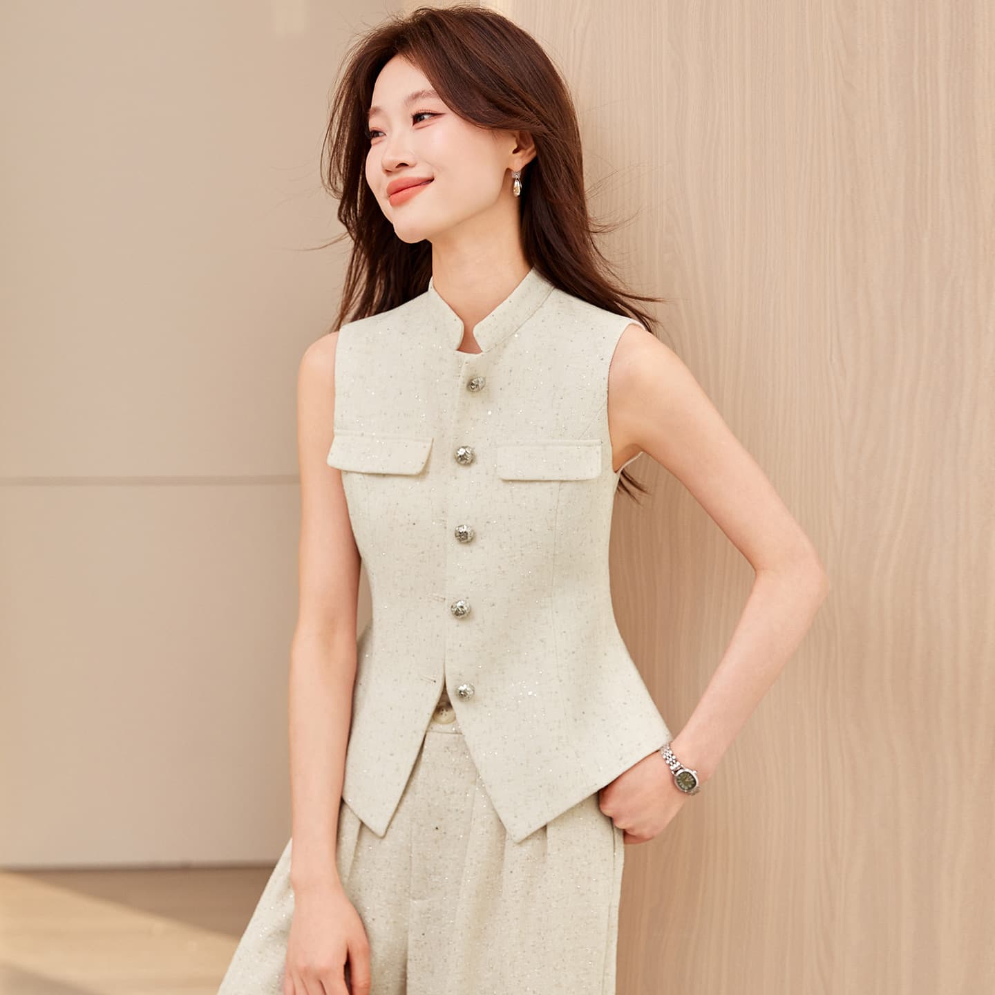Beige High-End Chanel-Style Vest and Wide-Leg Pants Two-Piece Set for Women Summer 2026 New Korean Chic Loungewear Suit