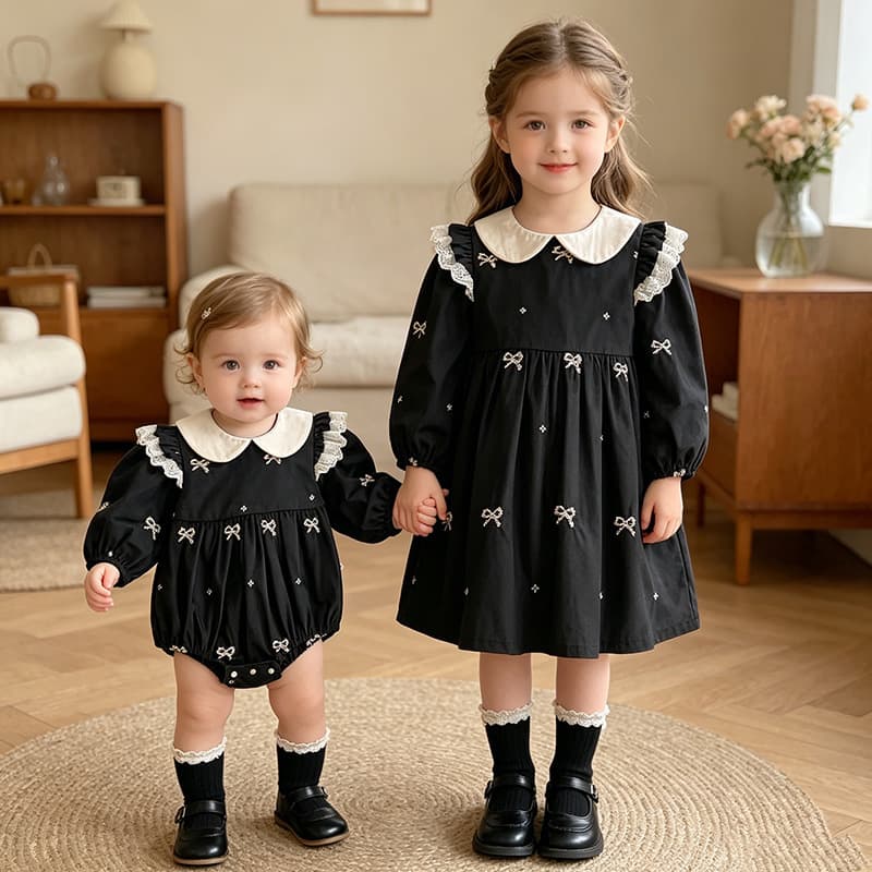 Korean style girls' dress spring and autumn baby clothes romper doll collar long-sleeved girl's dress sister's children's clothing