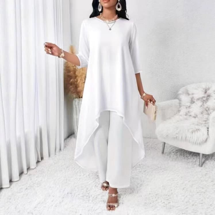 Cross-border European and American style plus size women's clothing for spring and autumn, including irregular hem dress, solid color, simple round neck long dress, European and American style.