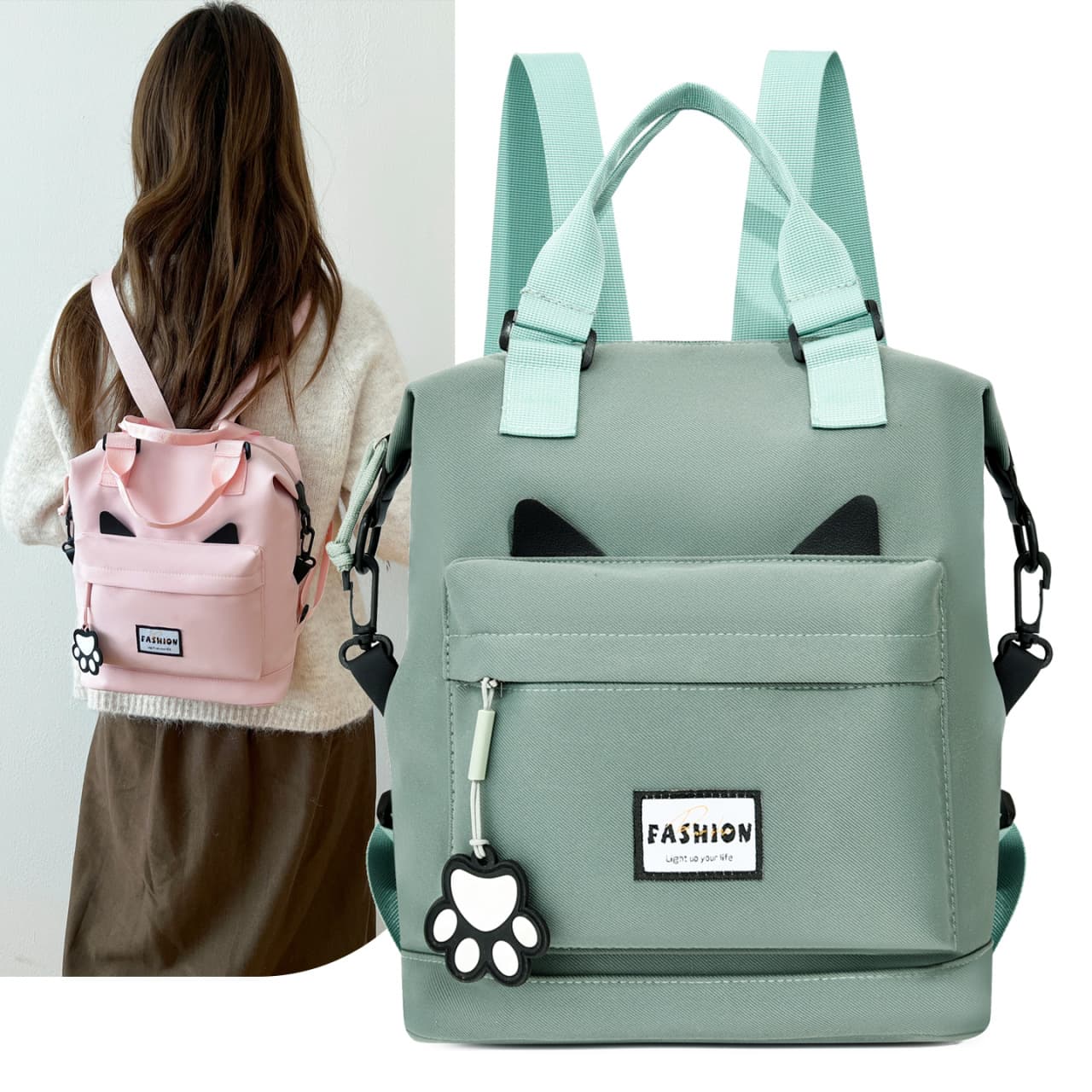 Large Capacity Casual Backpack for Women, Simple and Cute Cat Ear Design, Lightweight Commuter Bag, High-Aesthetic Student School Bag