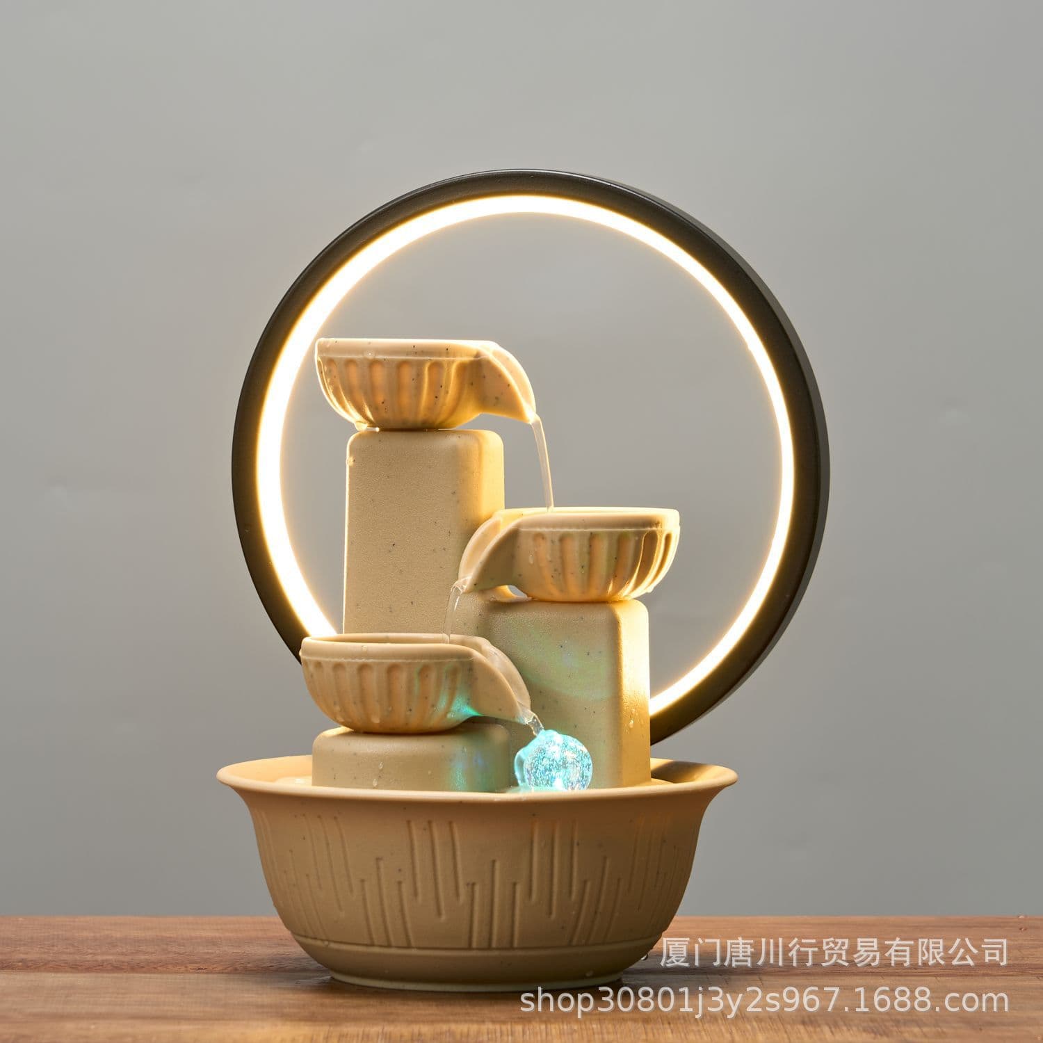 Flowing Water Decorative Zen Ornament Lamp Ring for Living Room, Ceramic Pot Fountain for Office Relaxation, Gift for Entryway and Living Room