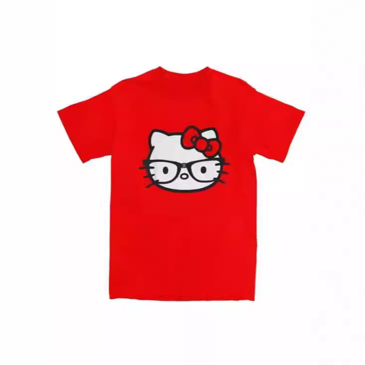 Hello Kitty T-Shirt Men's Women's O-Neck T-Shirt Black and White Floral Glasses Print Short Sleeve Tee