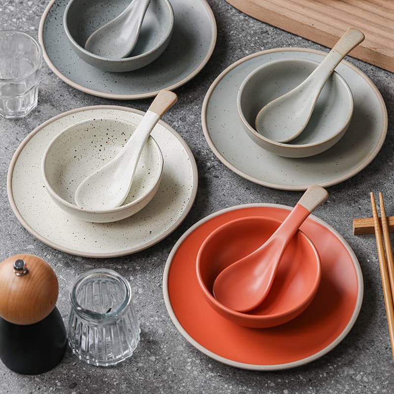Cross-border household retro-style stoneware bowls and plates tableware Japanese hotel creative steak dessert bowl high-end table setting