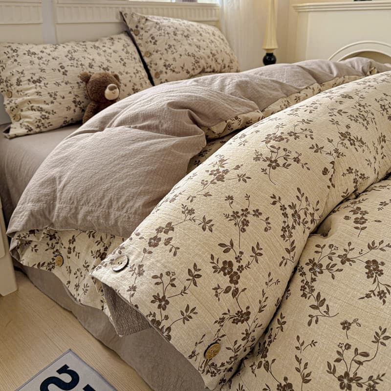 Category A Mother & Baby 100% Cotton Linen Bedding Set (Four Pieces) - Button Style, Vintage Floral Print, Pure Cotton Linen Duvet Cover, Three Pieces of Sheets